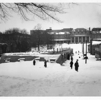 Winter view of quonset huts used for temporary classrooms after World War II