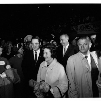 President Lyndon Johnson and Ladybird at Democratic campaign rally held in Reynolds Coliseum, October 6, 1964