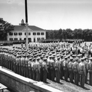 ROTC cadets in parade formation at Riddick Stadium.