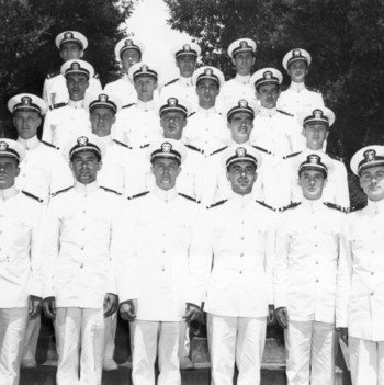 Group photo of U.S. Navy ensigns studying diesel engineering at NC State