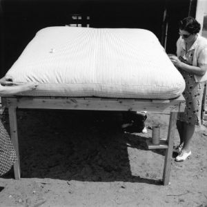 Two women sewing a cotton mattress, 1940-1941