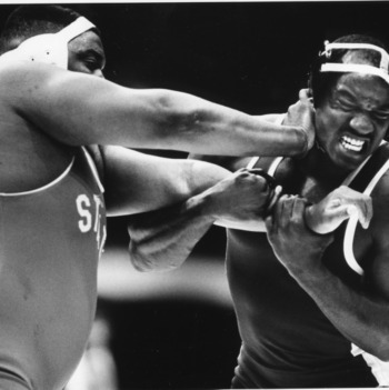 Tab Thacker, 1984 NCAA heavyweight champion from North Carolina State University, versus Stacey L. Davis of UNC-Chapel Hill