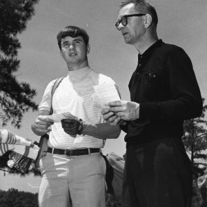 North Carolina State University golfer Gary Collins with golf team coach Al Michaels at the Raleigh Golf Association course, May 7, 1968.