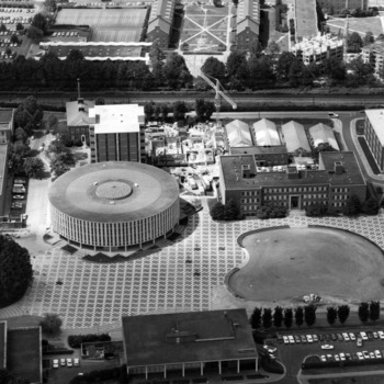 Aerial view of University Plaza (the Brickyard)