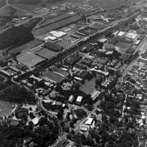 Aerial view of campus, looking southwest