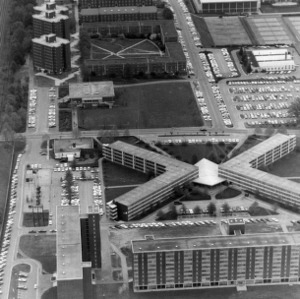 Aerial view of central campus, looking east