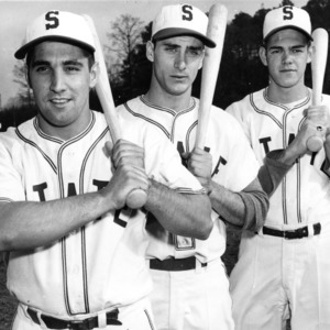 Three members of North Carolina State College's baseball team: left fielder Norman Norris of Baltimore, Maryland, center fielder Sonny Santoli of South Orange, New Jersey, and right fielder Russ Casteen of Wilmington, N.C.