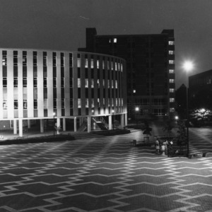 University Plaza and Harrelson Hall at night