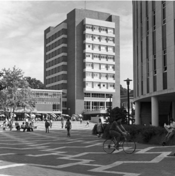 View looking northeast across University Plaza (the Brickyard) at D. H. Hill Jr. Library's bookstack tower, North Carolina State University