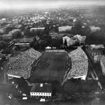 Aerial view of Riddick Stadium during North Carolina State College football game against Duke, September 28, 1946