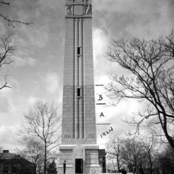 Memorial  Bell Tower with markings indicating when each section was built
