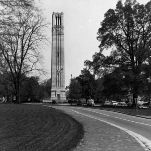 Memorial  Bell Tower, view driving north on Pullen Drive
