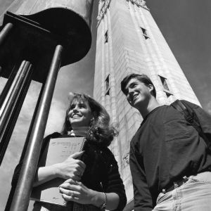 Students in front of Memorial Bell Tower