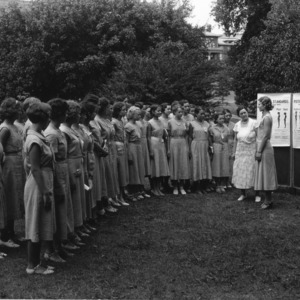 A demonstration in proper posture for health given by the nutrition specialist at the 4-H Club Short Course, North Carolina State College