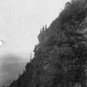 View of YMCA student conference attendees standing on mountain side, near Asheville, North Carolina.