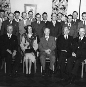 This group picture of former and present YMCA leaders at N.C. State was taken on Februrary 28, 1950, following a luncheon of YMCA leaders honoring Dr. W. D. Weatherford.