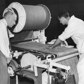 Installation of velvet carpet loom in the School of Textiles at North Carolina State College, July 1951