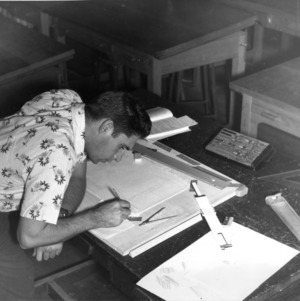 Student working in the Mechanical Engineering Department's Broughton Drafting Room