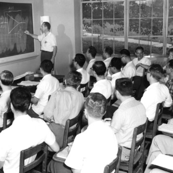 Nuclear Technology short course Atoms for Peace Program, Dr. William Barclay instructing class, 1956 July.