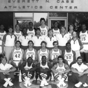 1981-1982 N.C. State University basketball team in front of Everett N. Case Athletics Center