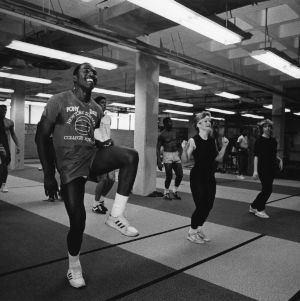 N.C. State basketball player Ernie Myers in an aerobics class