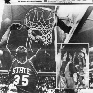 Cover of The Wolfpacker with Sidney Lowe cutting the basketball net with Cozell McQueen after winning ACC Championship, March 26, 1983