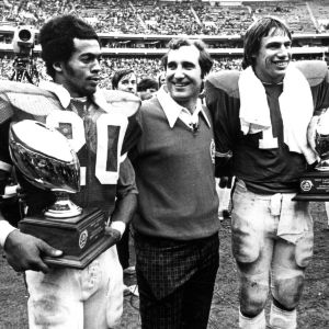 Richard Carter, Coach Bo Rein, and Johnny Evans at the 1977 Peach Bowl