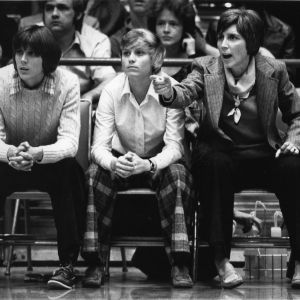 North Carolina State University women's basketball coaches Kay Yow and Nora Finch on sidelines