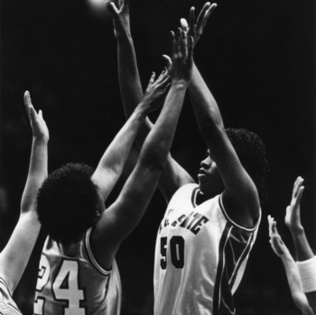 N.C. State's #50, freshman center, Sharon Manning in a game against Clemson