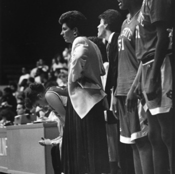 Head coach Kay Yow on the sidelines during a basketball game
