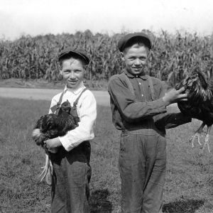Carl and Richard Lutz, North Carolina poultry club members and two of their Rhode Island Red birds