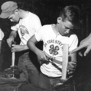 Three 4-H club members practicing wood working at the 4-H forestry camp