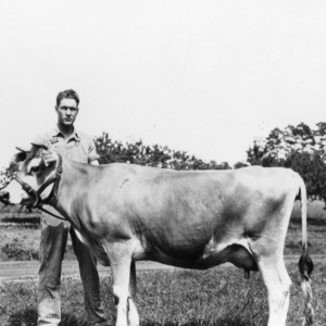 James Vanstory, Charles, N.C. (Iredell County) 4-H calf club member and his original club heifer. From this animal he has developed a herd of six registered Jerseys