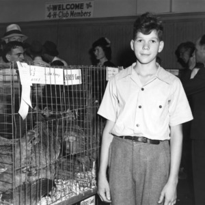 4-H club boy standing in front of a Surrey County, North Carolina, poultry display