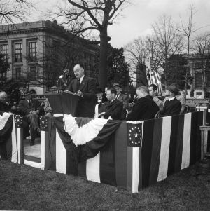 L. R. Harrill speaking at a tree dedication ceremony on the grounds of the North Carolina State Capitol