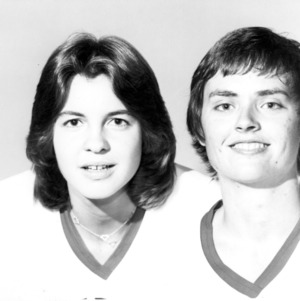 Freshman guard Ginger Rouse and sophomore center Genia Beasley, N.C. State University women's basketball players, 1977-1978 season