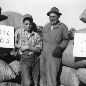 Unidentified man and boy standing in front of sacks of peanuts as a part of a 4-H club peanut project in Chowan County, North Carolina