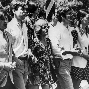 Students including student body president Cathy Sterling at Peace Rally, protesting the Kent State Tragedy and invasion of Cambodia