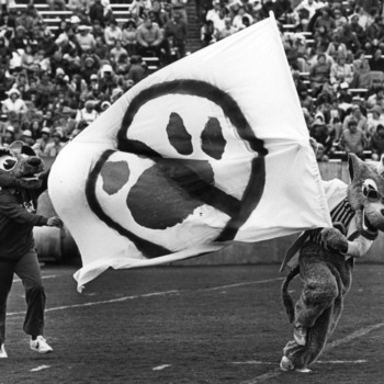 Mr. and Ms. Wuf carrying a banner against Clemson at N.C. State vs. Clemson University football game