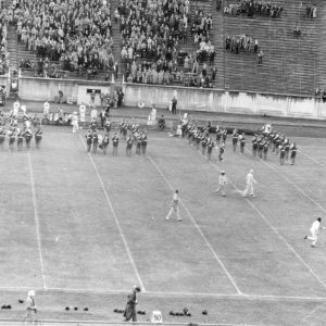 Marching band in formation on football field