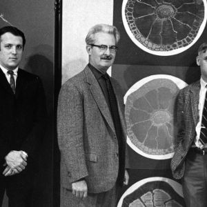 Robert Burns, Henry Kamphoefner, Lewis Clarke, and Don Masterton at College of Design exhibit