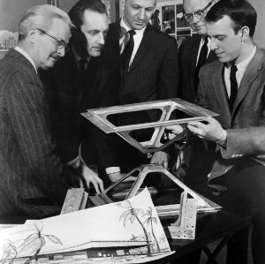 Dean Henry Kamphoefner, Brian Shawcroft, Charles H. Kahn, Joseph N. Boaz, and Robert Burns, observing a student design