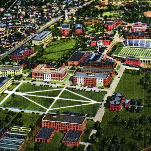 Aerial View of North Carolina State College illustrated postcard