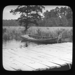 Plank bridge and old boat in tidal creek