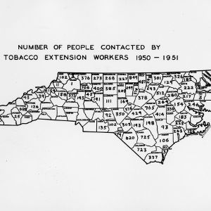 Map of North Carolina showing the number of people contacted by tobacco extension workers, 1950-1951