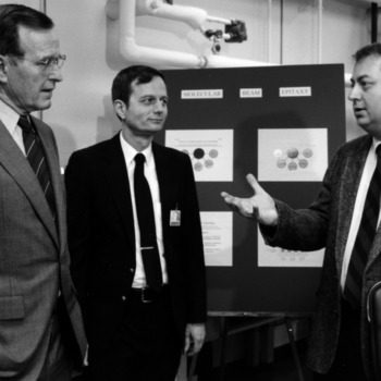 President George Bush with James Cook and Jan Schetzina in Schetzina's lab