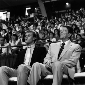 Jay Everette, NC State University Student Body President, and President Reagan in Reynolds Coliseum during the President's 1985 visit to campus