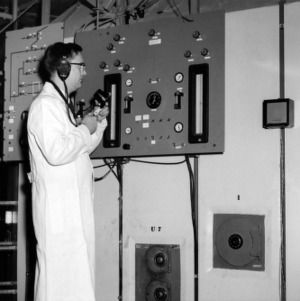Dr. J. G. Lundholm in reactor room on the day of critical, May 2, 1957
