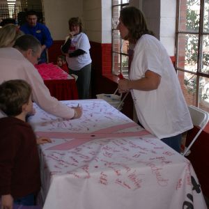 Hoops for Hope tables in Reynold's lobby