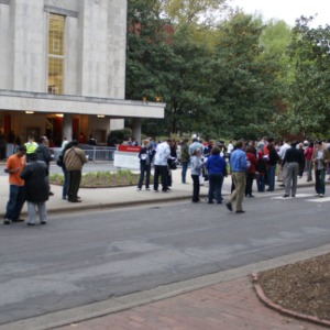 Waiting outside Reynolds Coliseum for the Michelle Obama rally